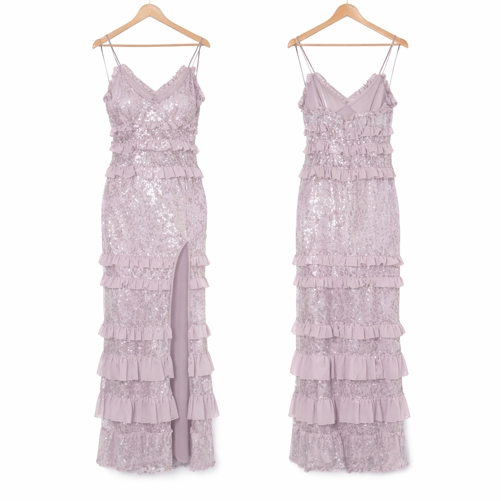 NBD Ruffle Maxi Dress Revolve Dusty Lilac Sequin Gown Party Event Coquette Small - Picture 3 of 13